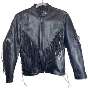 Vintage Hot Leathers Womens Black Leather Fringe Motorcycle Biker Jacket Size XS